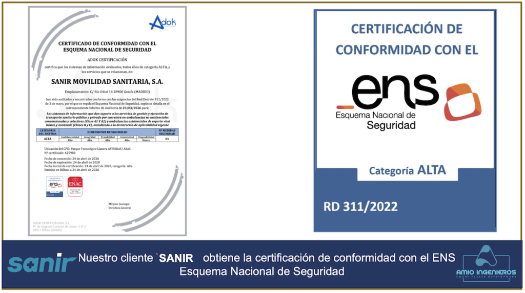 sanir, ambulancias, certificado ens, alta, amkio ingenieros, ENS, Ciberseguridad